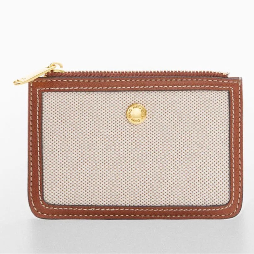 NWOT Mango Combined Mini Wallet Textured Fabric Faux Brown Leather and Zipper